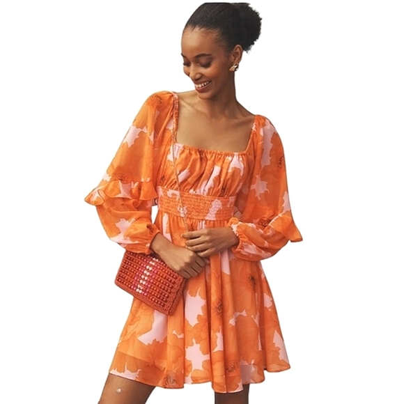 NWT Anthropologie × Hutch Flounce Romper Pink Orange Floral Puff Sleeve Boho 1X - Picture 1 of 16